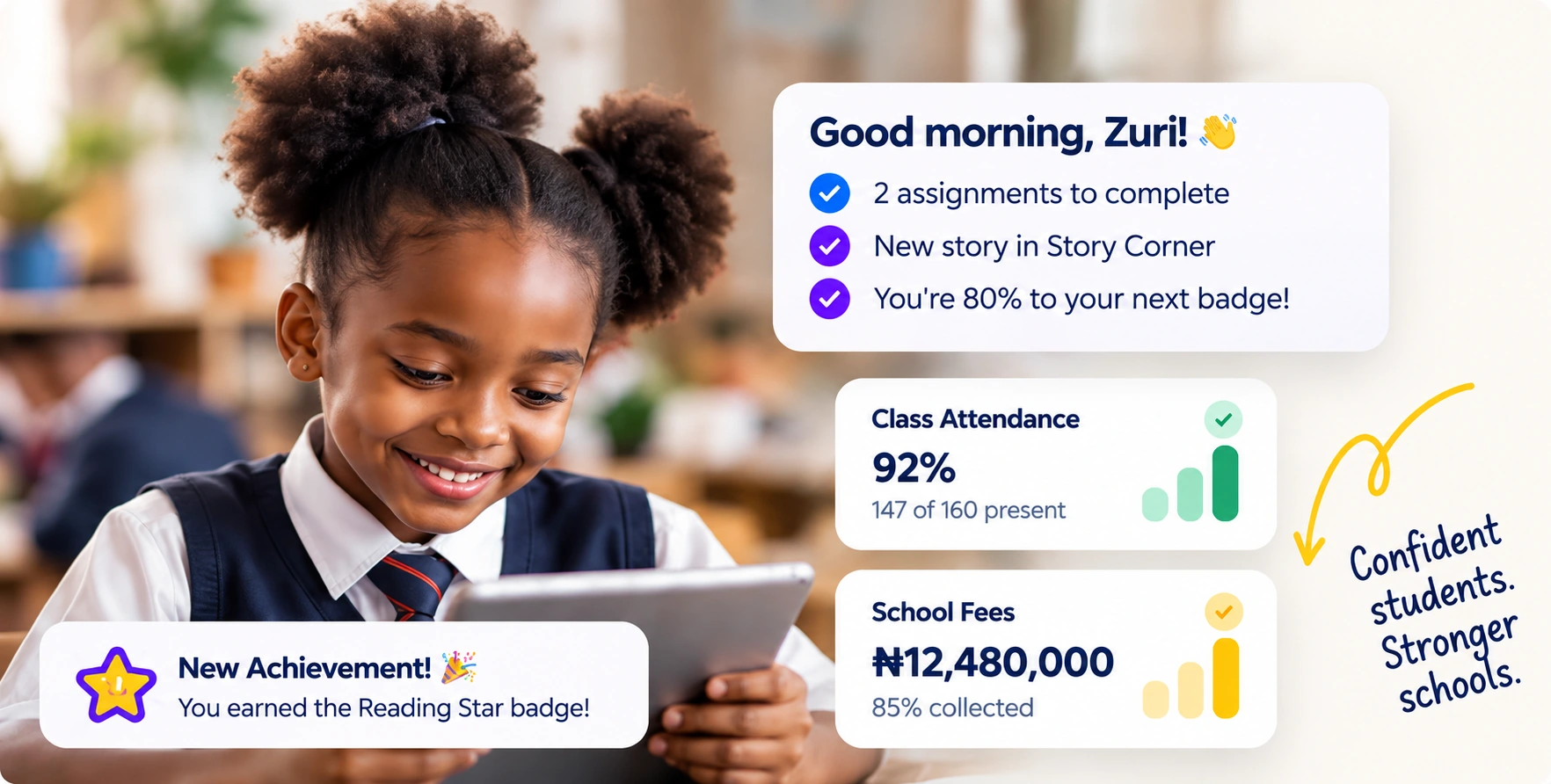 A student using her tablet with attendance, school fees and achievement previews.