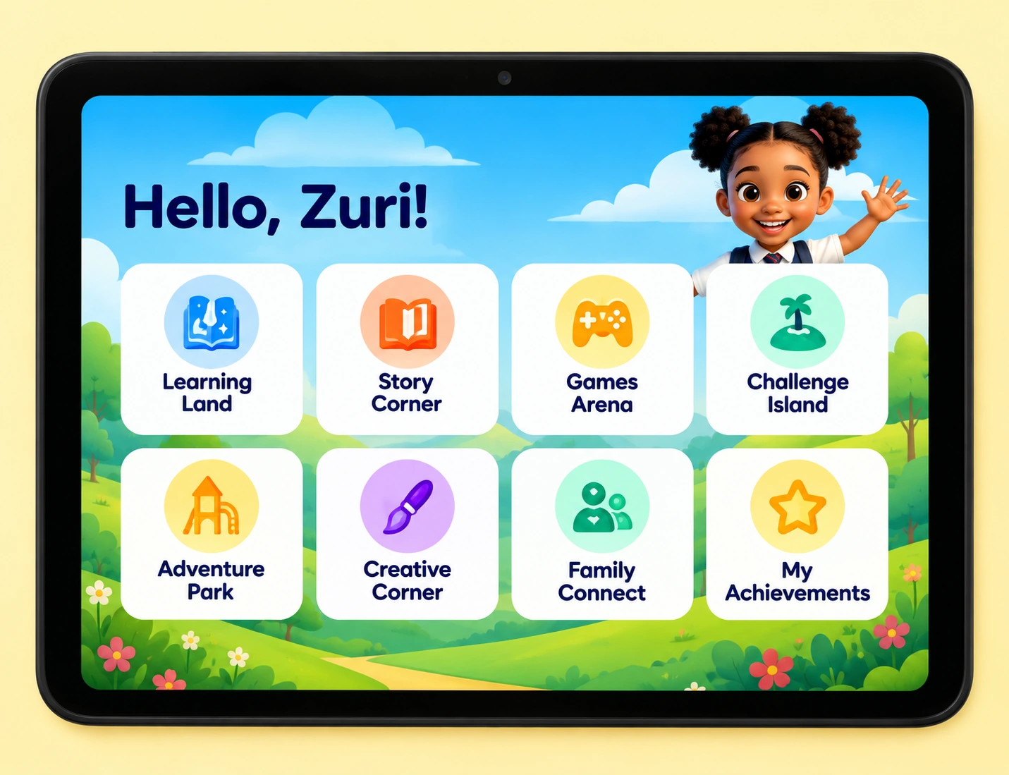 Junior tablet with Zuri and eight colourful learning areas.