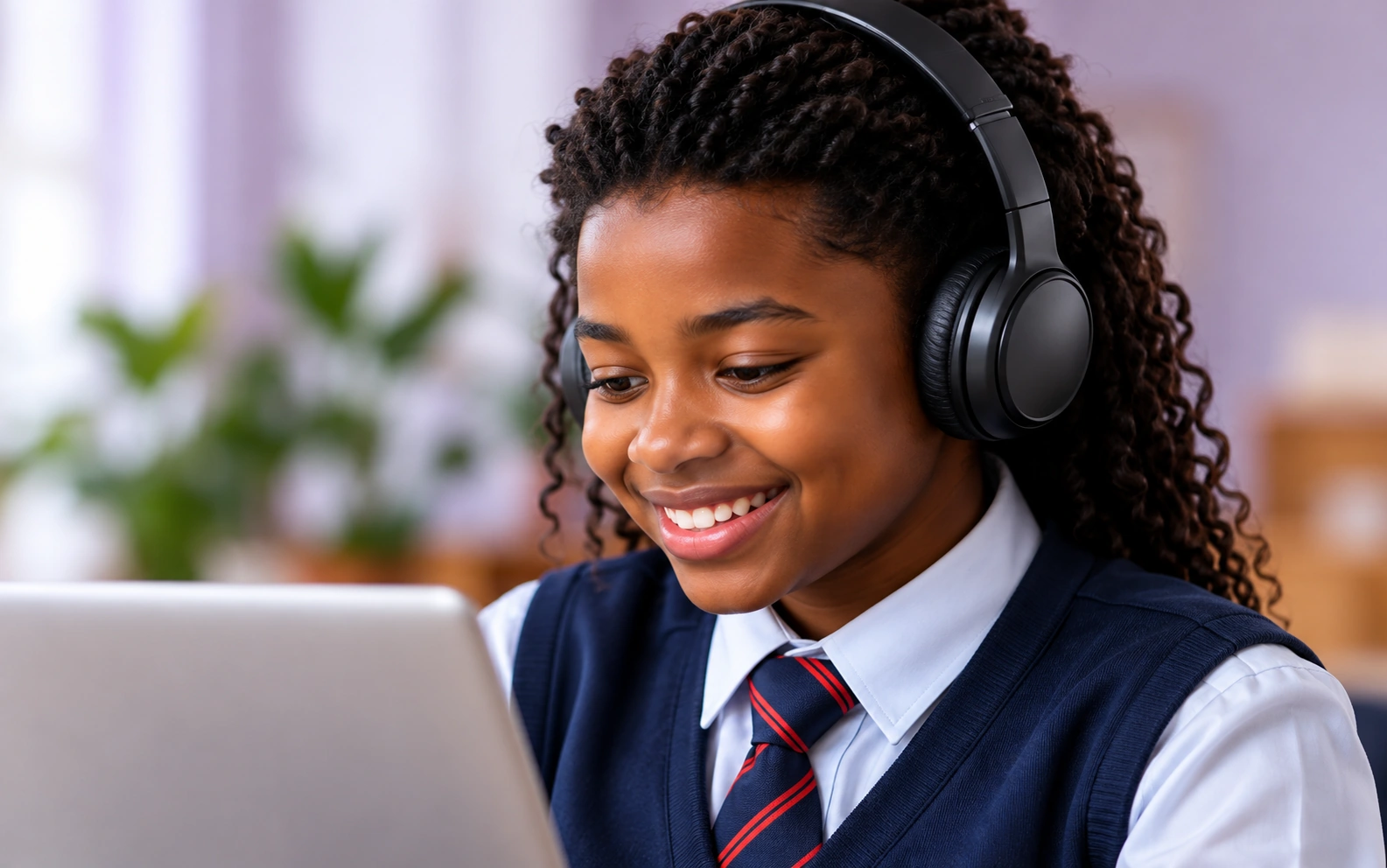 A student learning with headphones.