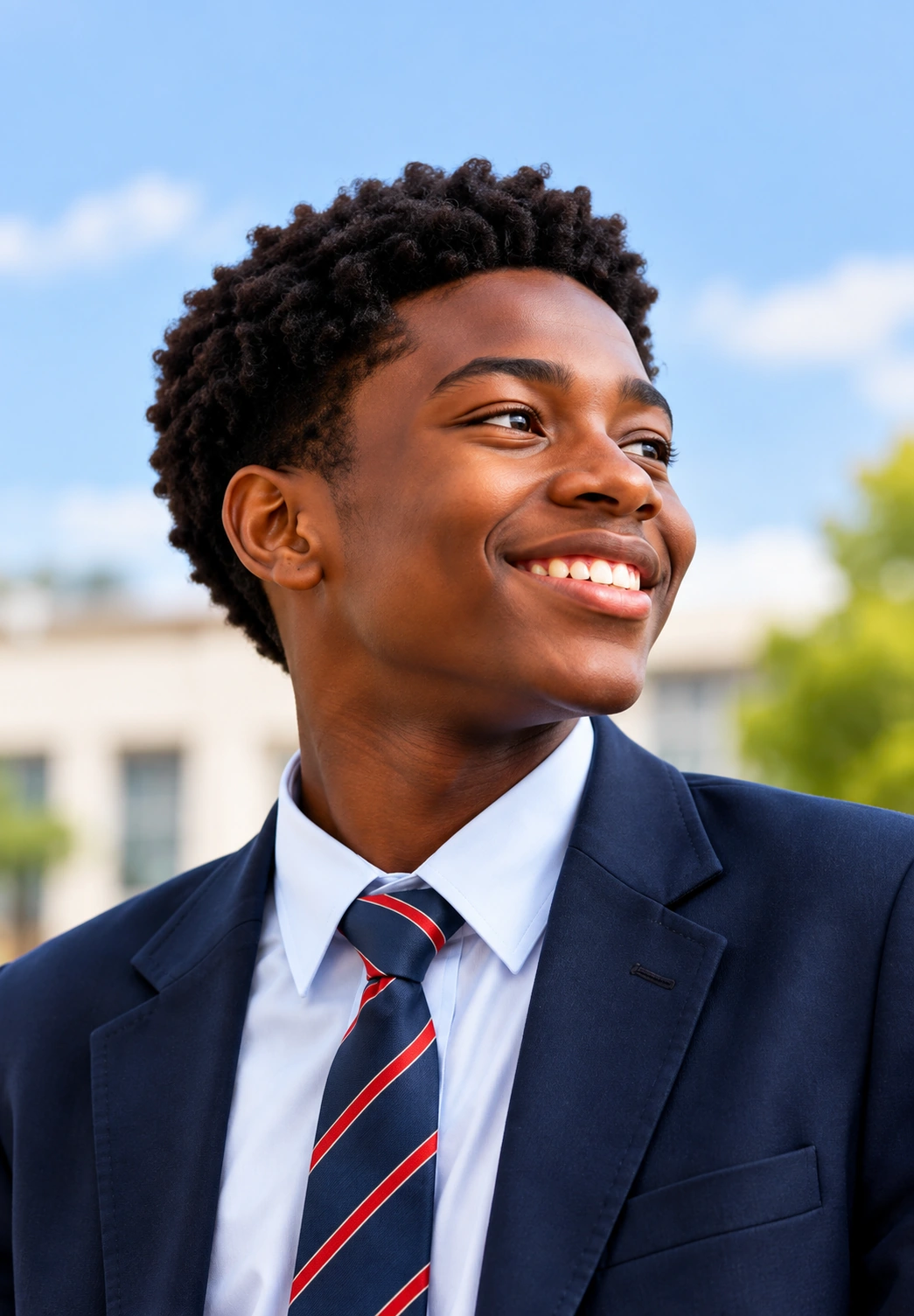 A smiling secondary school student in uniform.